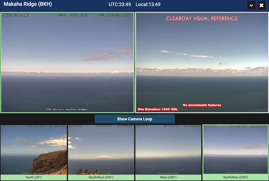 The FAA's weather camera system provides remote video and data from remote locations as an aid to aviation. This image is from the camera pointed NorthWest from Makaha Ridge on Kauai's Na Pali Coast. The camera is located about 6 miles from the scene of a fatal helicopter crash on July 11, 2024.